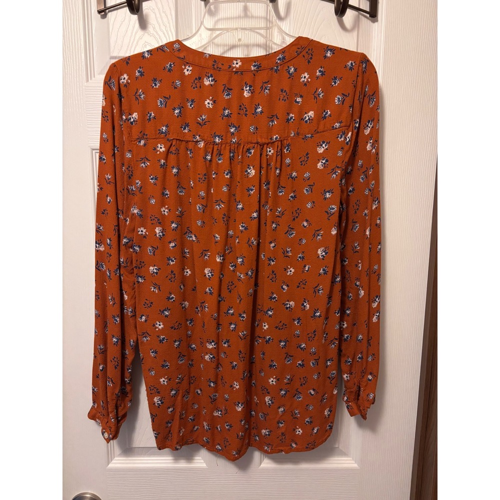 Lucky Brand Rust Orange Floral Smocked Peasant Top Long Sleeve Blouse Small - Picture 4 of 5